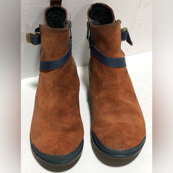 Keen Brown Suede Ankle Booties with Navy Strap Detail - Picture 5 of 11